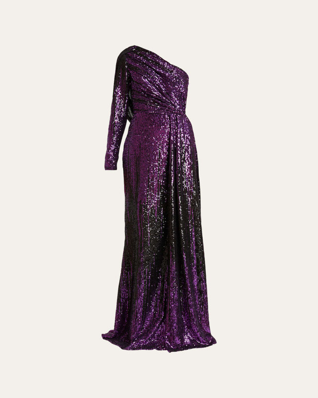 Long Ombre Sequined One-Shoulder Gown
